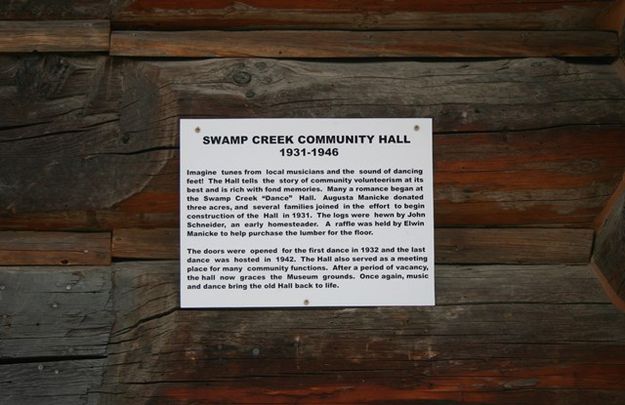 Informational sign for the Swamp Creek Community Hall. Photo by LibbyMT.com.