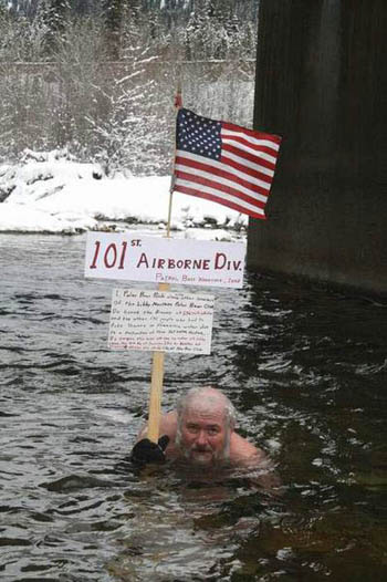 Polar Bear Rick "plunges" with the 101st Airborne Division on December 30, 2007